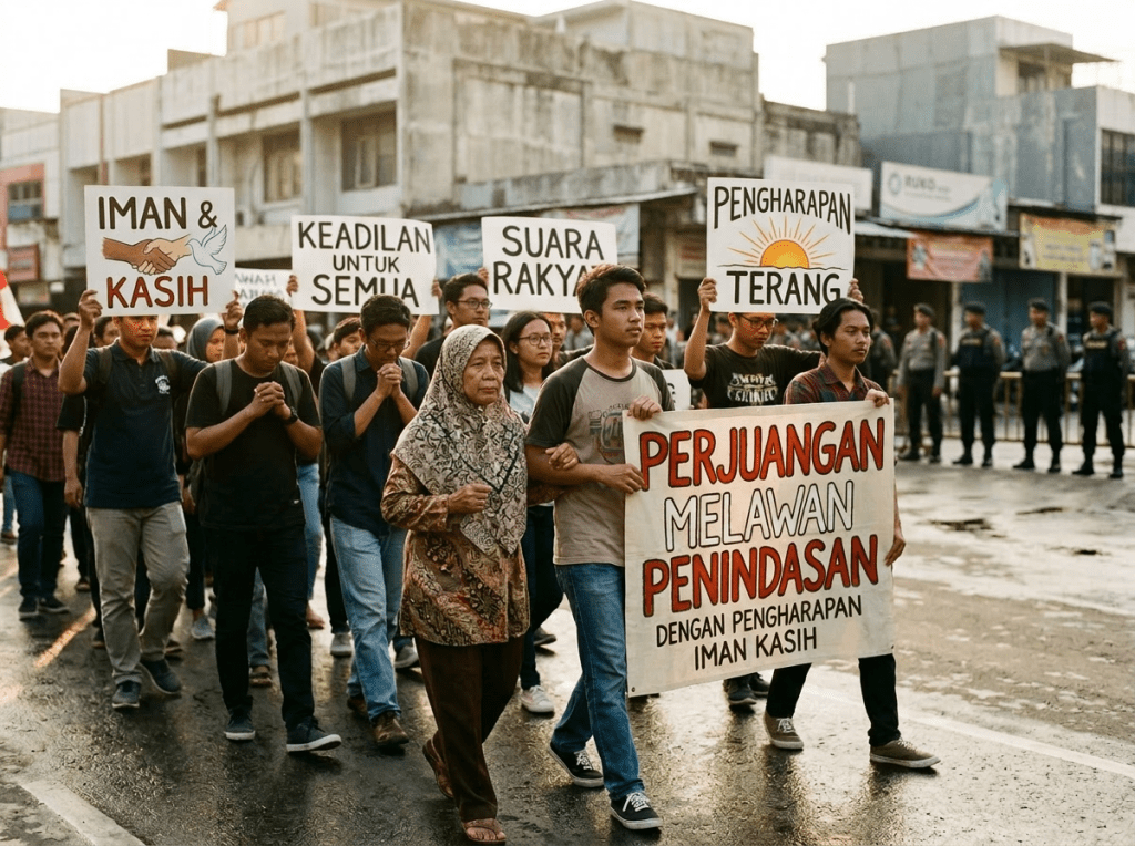 Group of protesters holding signs with messages of faith, justice, and hope during a peaceful demonstration